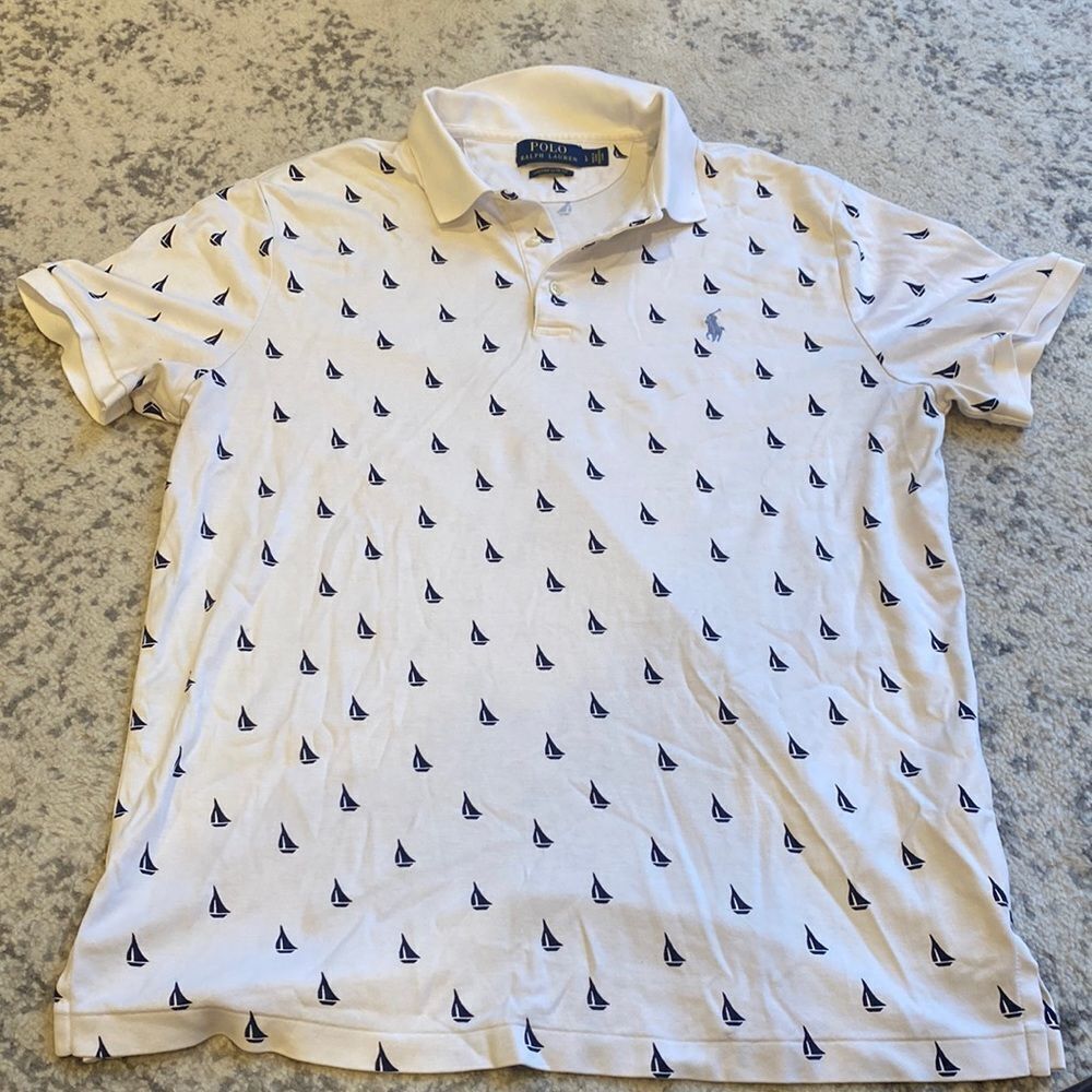Polo Ralph Lauren White Sail Boat Print‎ All Over Short Sleeve Polo shirt EUC